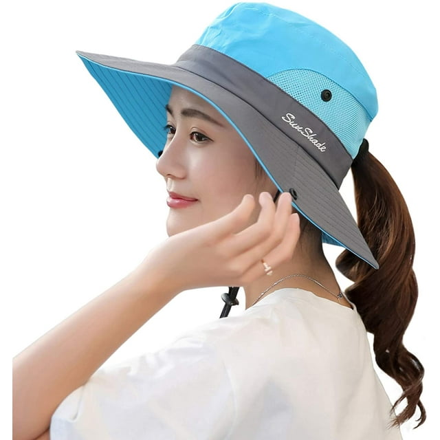Women's Summer Mesh Wide Brim Sun UV Protection Hat with Ponytail Hole