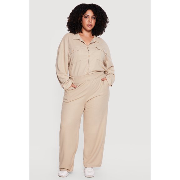 Women's Plus Size Wide Leg Textured Knit Pants
