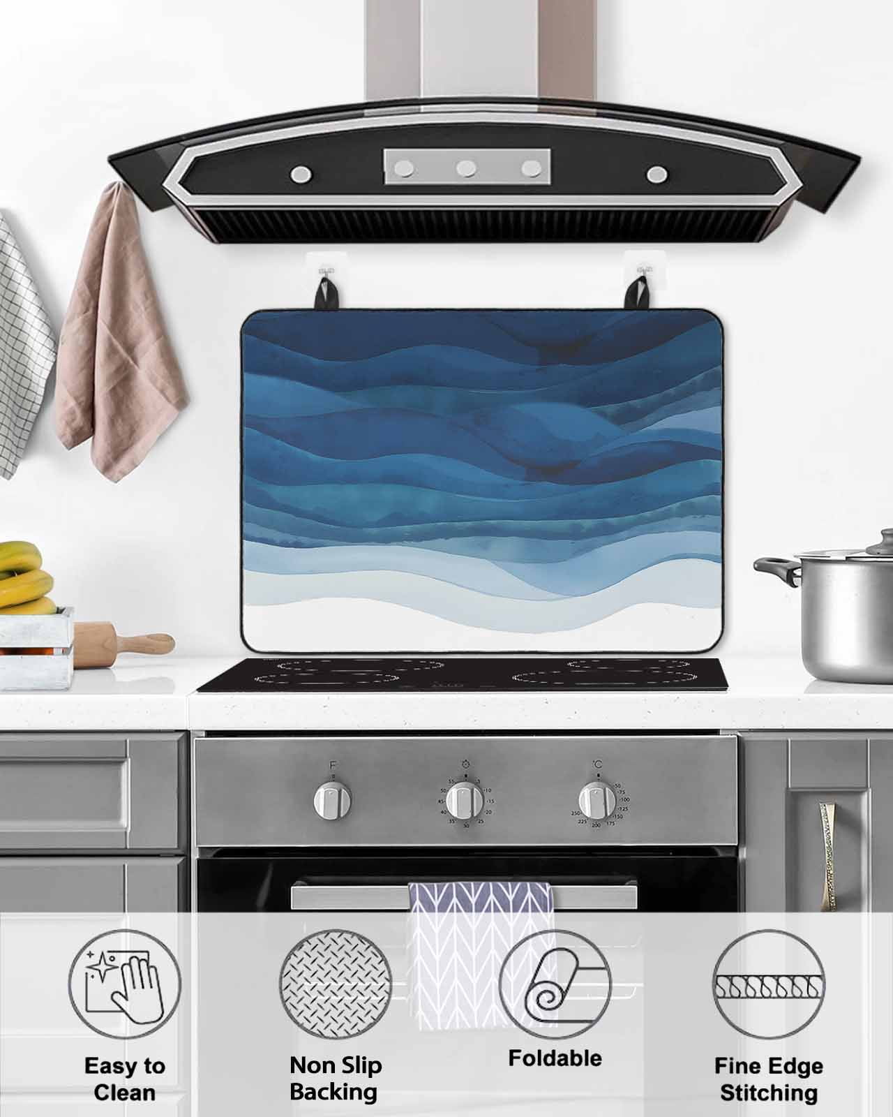 nqOlkjepod Large Induction Cooktop Protector Mat 36"x21", Navy Blue Ombre Stove Top Covers for Electric Stove, Modern Moire Gradient Watercolor Stove Burner Cover Mats, Glass Top Stove Cover