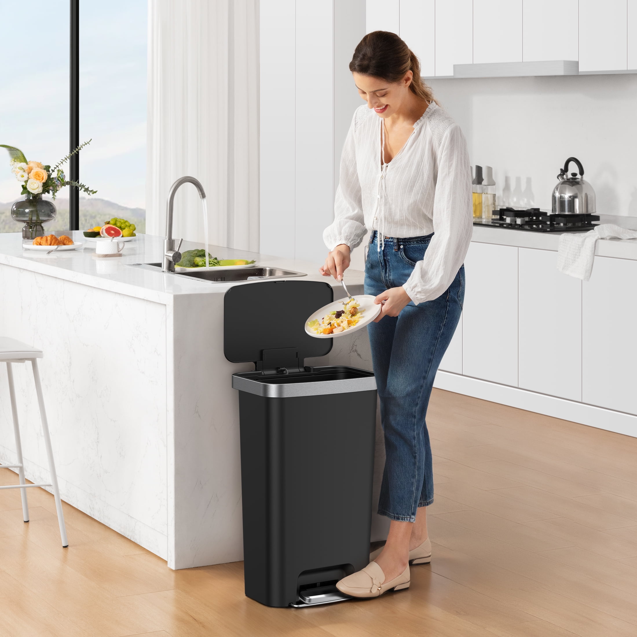 Better Homes & Gardens Kitchen Trash Can, 11.9 Gallon Plastic Step Garbage Bin with Soft Close Lid, Black
