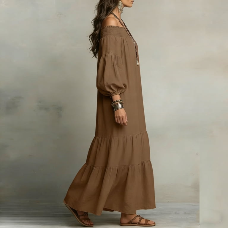 cotton linen tiered maxi dress 100% European Linen Tiered Maxi Dress in Taupe Brown Gingham
