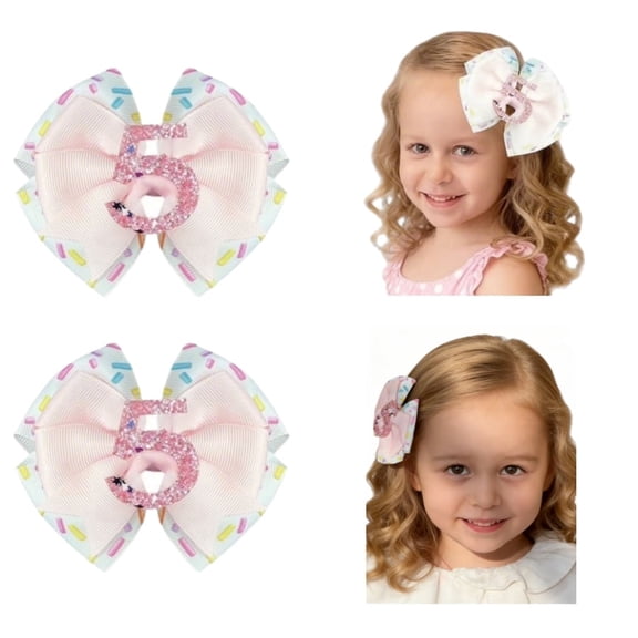 JoyBowie 2 pcs 4 inch Glitter Number 5 Hair Bows, Birthday Clips for Toddler Girls