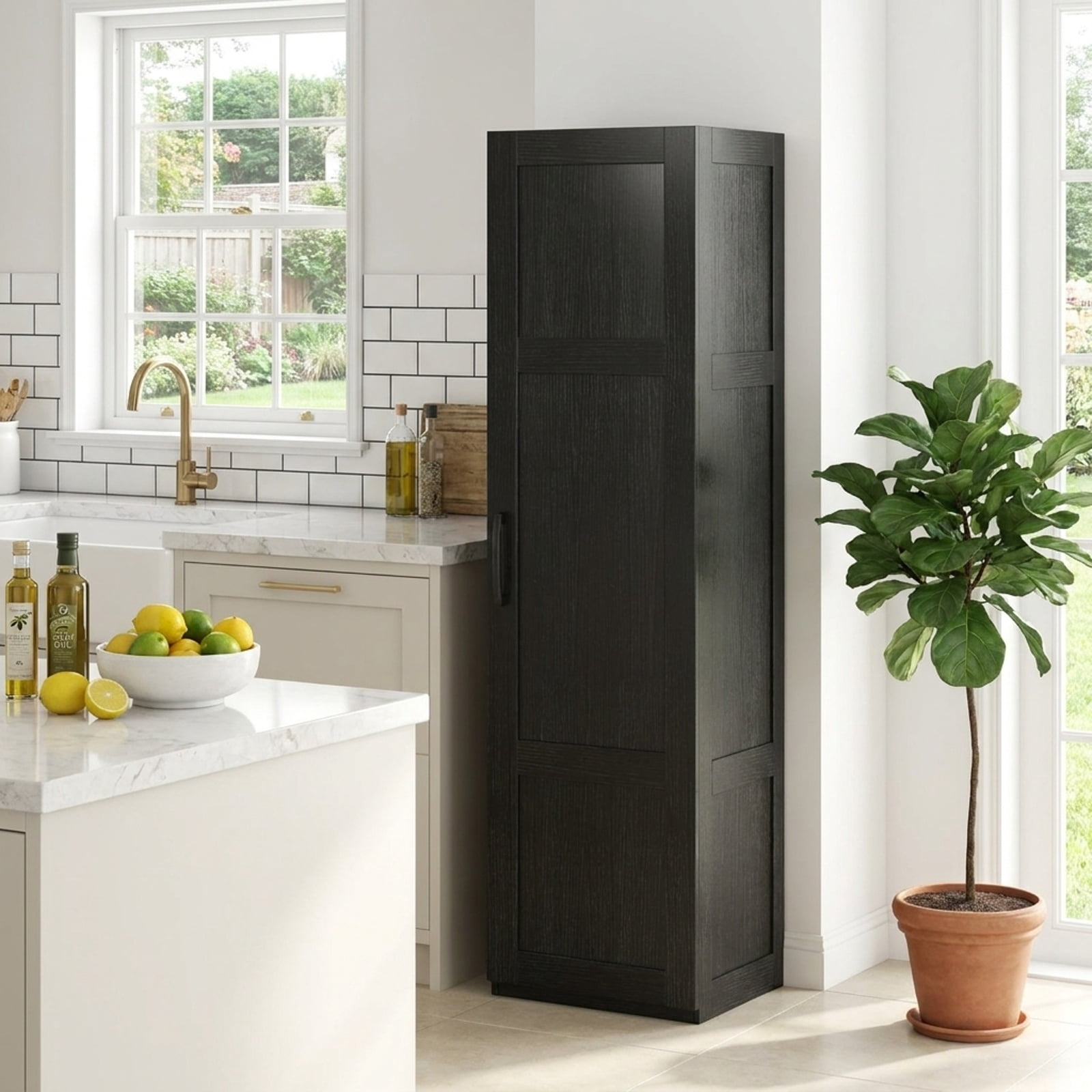 Vebreda Tall Bathroom Storage Cabinet with 4 Shelves, 59 in Narrow Freestanding Floor Cabinet with Soft-Close Door and Anti-Tip Kits, Black