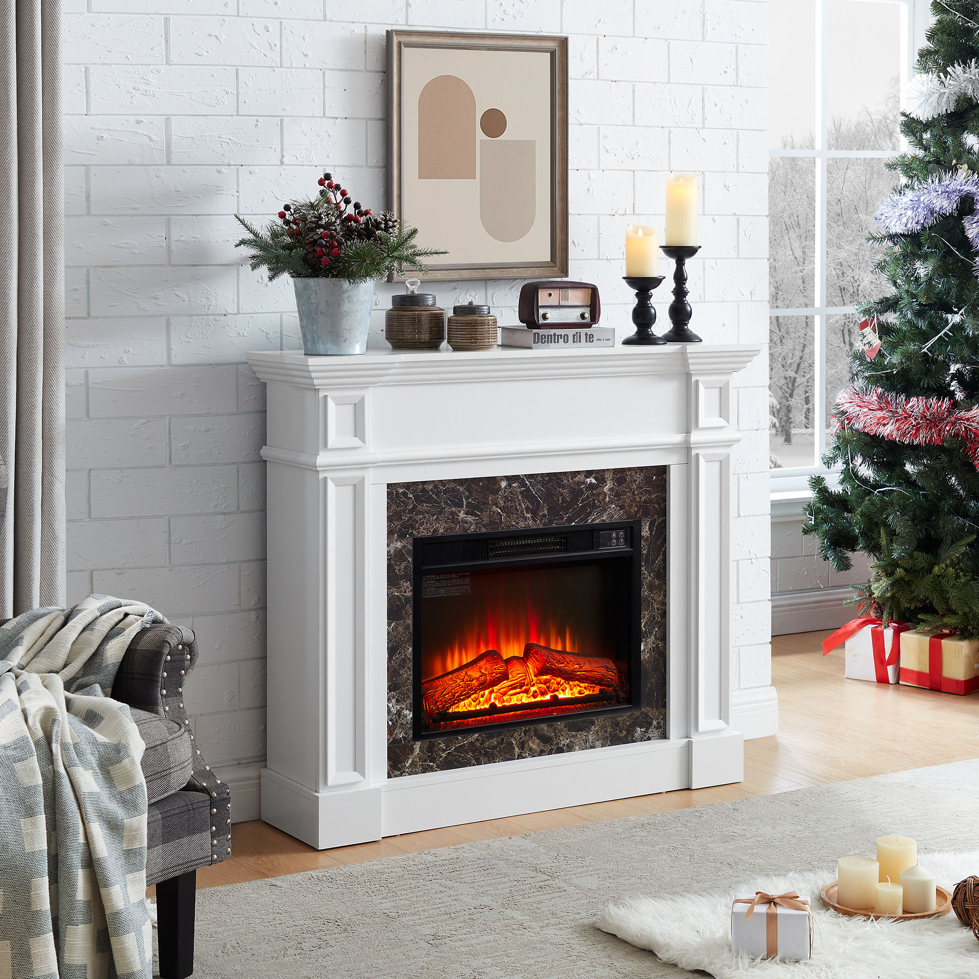 Electric Fireplace with Mantel Realistic Stacked Stone Surround 45.66"W*11.8"D*40"H Remote Control Timer LED Flame Compact And Space Saving