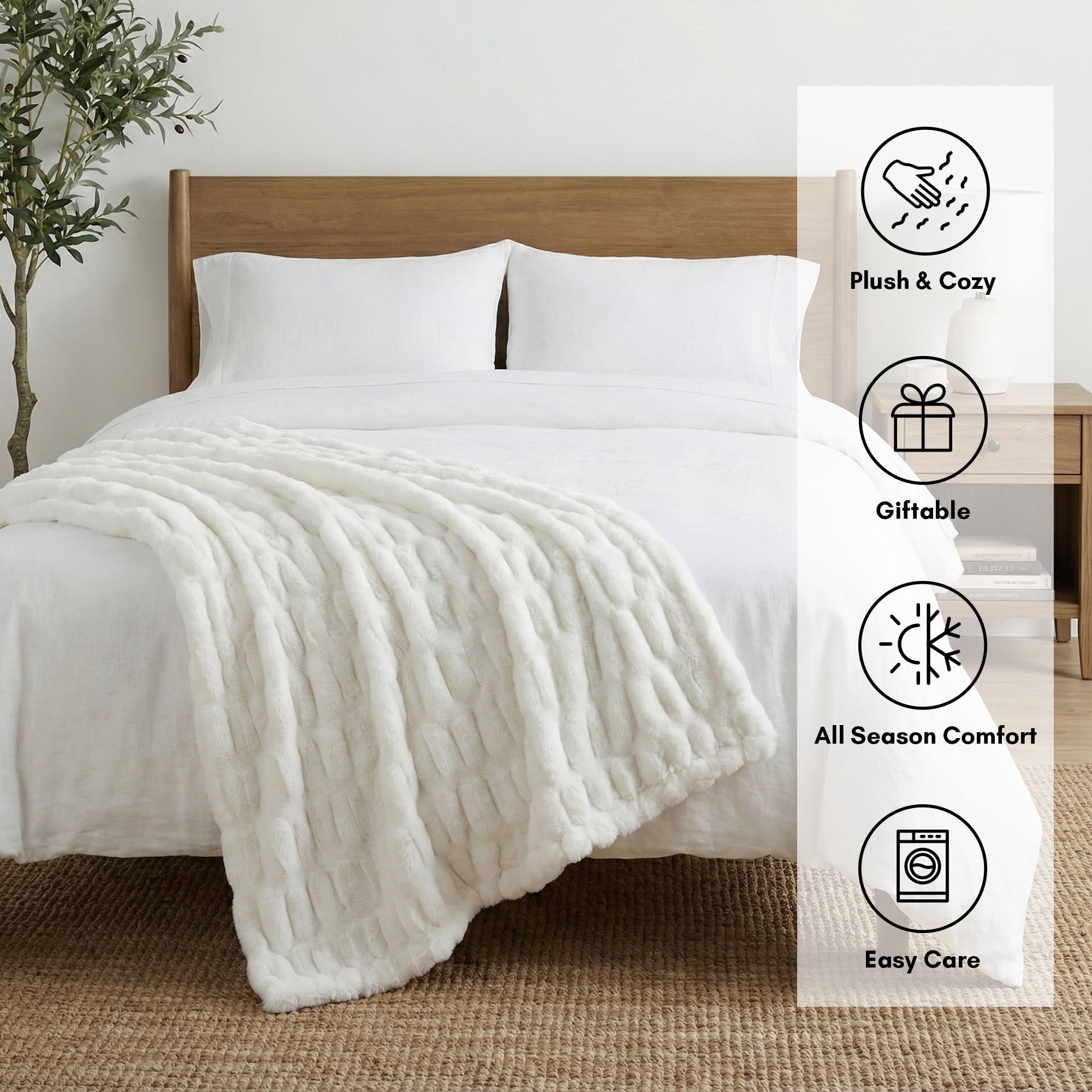 Faux Fur Throw Blanket - 50x60 Inch Luxury Rouched Design - Soft Plush Blanket for Couch, Sofa, and Bed - Premium Warm Cozy Home Decor - White
