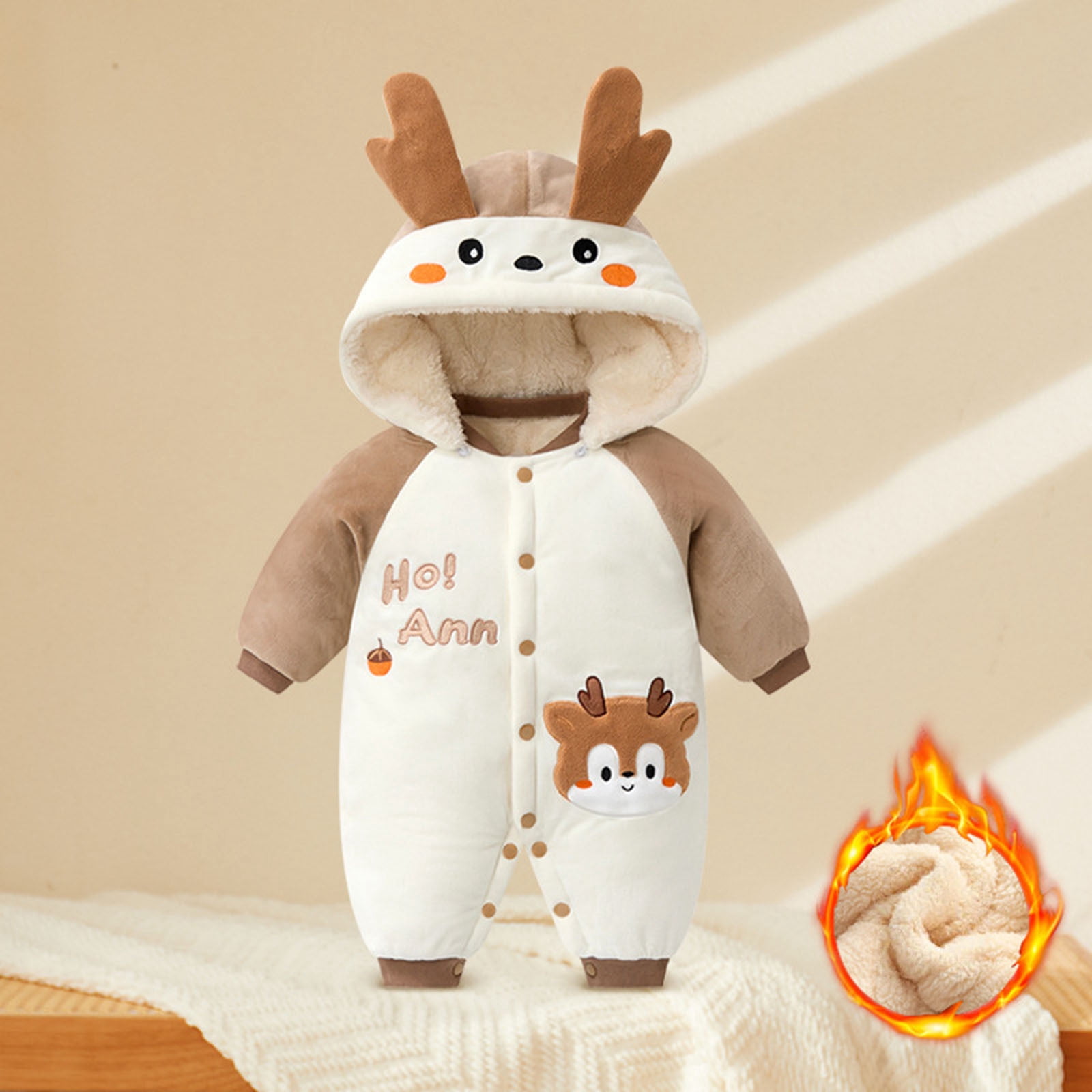 FYDUU Infant Baby Boys Romper And Jumpsuit Thickened Warm Baby Onesies Bodysuits One-Pieces For Winter Outfit Soft Hooded Sleepwear For Boys Vintage Casual 12-18 Months