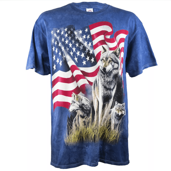 Men's Patriotic American Flag & Wolves Short Sleeve T-Shirt in Blue, Large
