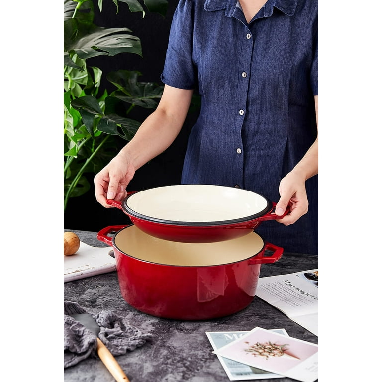 Bruntmor Enameled 7 Quart Double Dutch Oven with Large Shallow