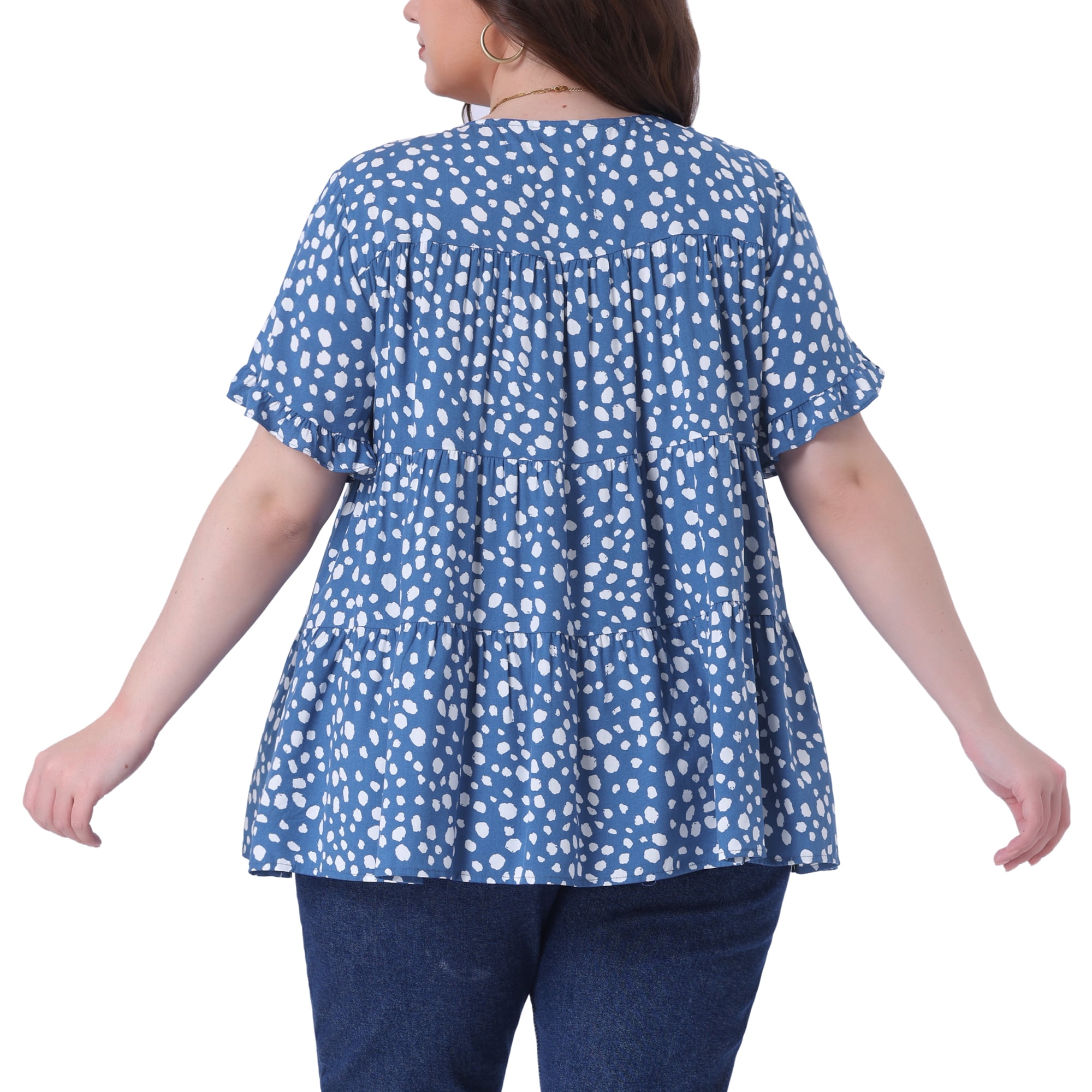 DARING DIVA Women's Plus Polka Dots Ruffle Sleeves Babydoll Tiered Blouse 1X Blue