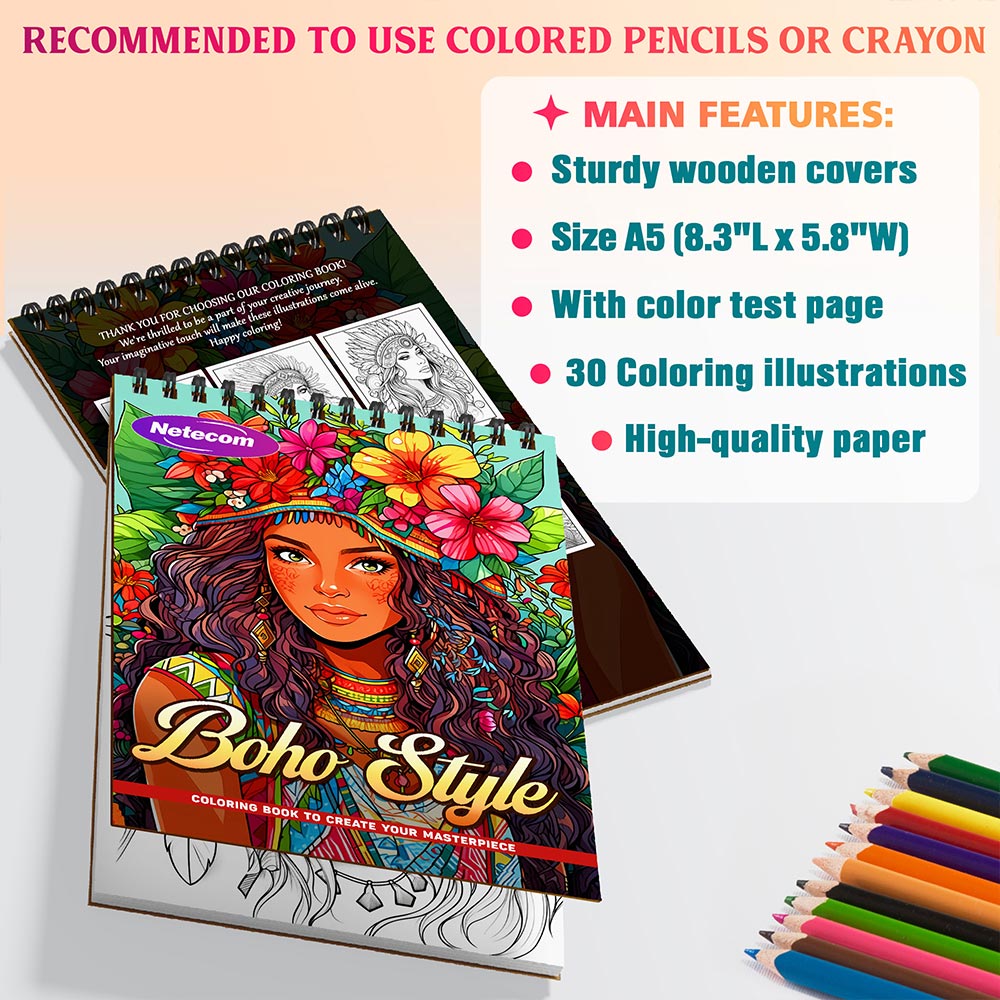 Boho Style Coloring Book Spiral Bound For Adults, A5 Wooden Cover, 30 Beautiful Coloring Pages of Black Women Styling Fashion Trends for Stress Relief and Relaxation