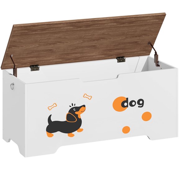 HOOBRO 47.2" Farmhouse Storage Bench with Puppy Pattern & Safety Hinges, White and Walnut