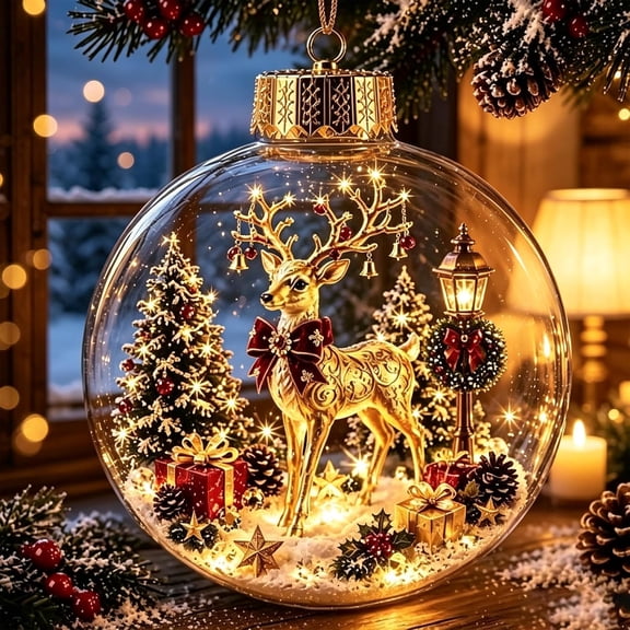 Glowing Christmas Diorama Ornament,Lighted Miniature Holiday Scene in 3.15'' Clear Acrylic Ball with Warm LED Light for Tree,Mantel and Christmas Decor