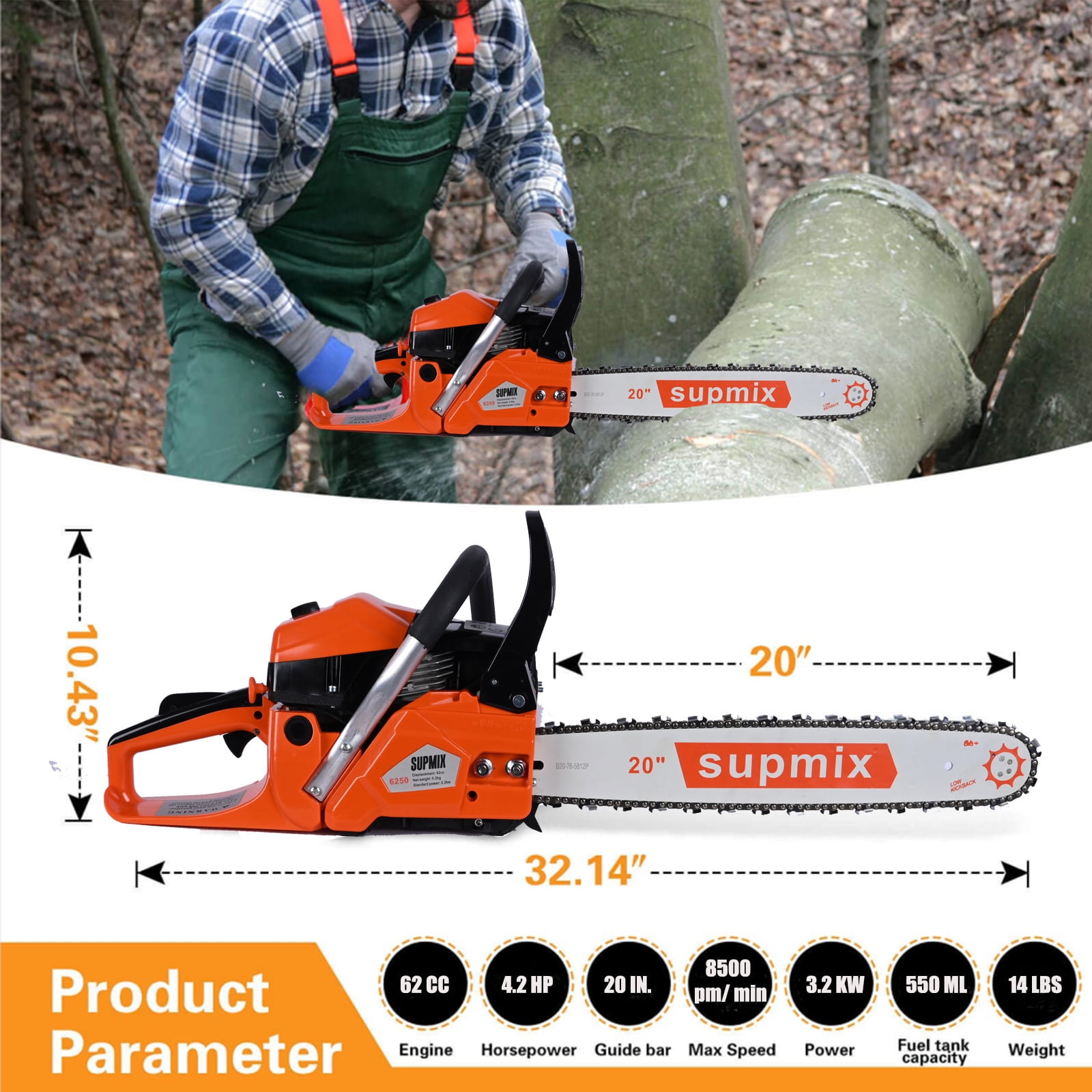 62cc Gas Chainsaw 20 inch Gas Powered Chainsaws 2-Cycle Petrol Handheld Carden Gasoline Chain Saw Power Saws for Cutting Wood Tree Branches Trimming