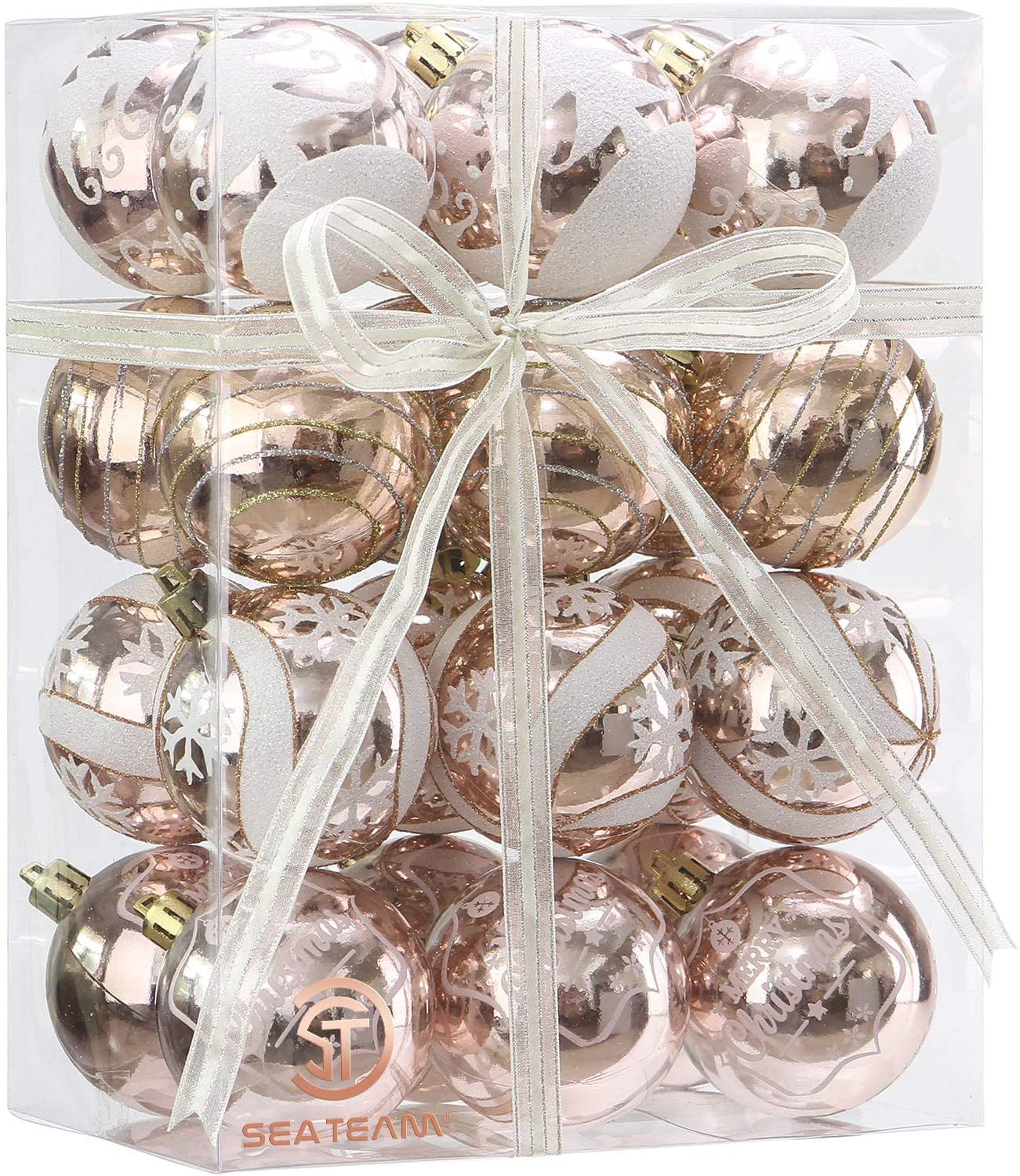 Rose Gold Sea Team 80mm/3.15 Delicate Painting & Glittering Shatterproof Christmas Ball Ornaments Decorative Hanging Christmas Ornaments Baubles Set for Xmas Tree 16 Counts