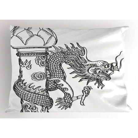 Dragon Pillow Sham Chinese Style Sacred Creature Statue Sketch Medieval Monster Fantasy Tattoo Image, Decorative Standard Size Printed Pillowcase, 26 X 20 Inches, Black White, by