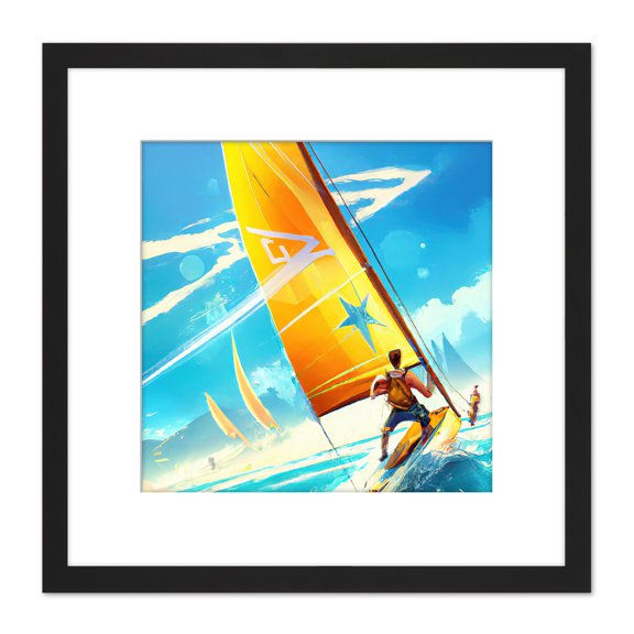 Windsurfers By Coast Yellow Sails Bright Abstract Painting Square Wooden Framed Wall Art Print Picture 8X8 Inch