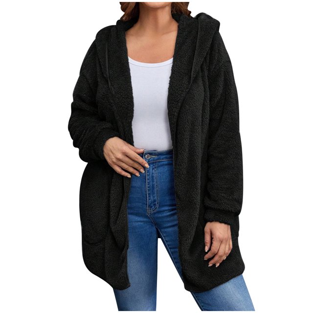 KIHOUT Womens Winter Long Sleeve Solid Fuzzy Fleece Open Front Hooded Cardigans Jacket Coats Outerwear with Pocket