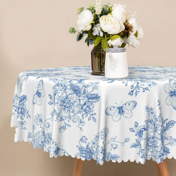 Nanqianyi Blue Floral & Butterfly Round Tablecloth 60 inch For Kitchen Dinner Decoration Washable Table Cloth