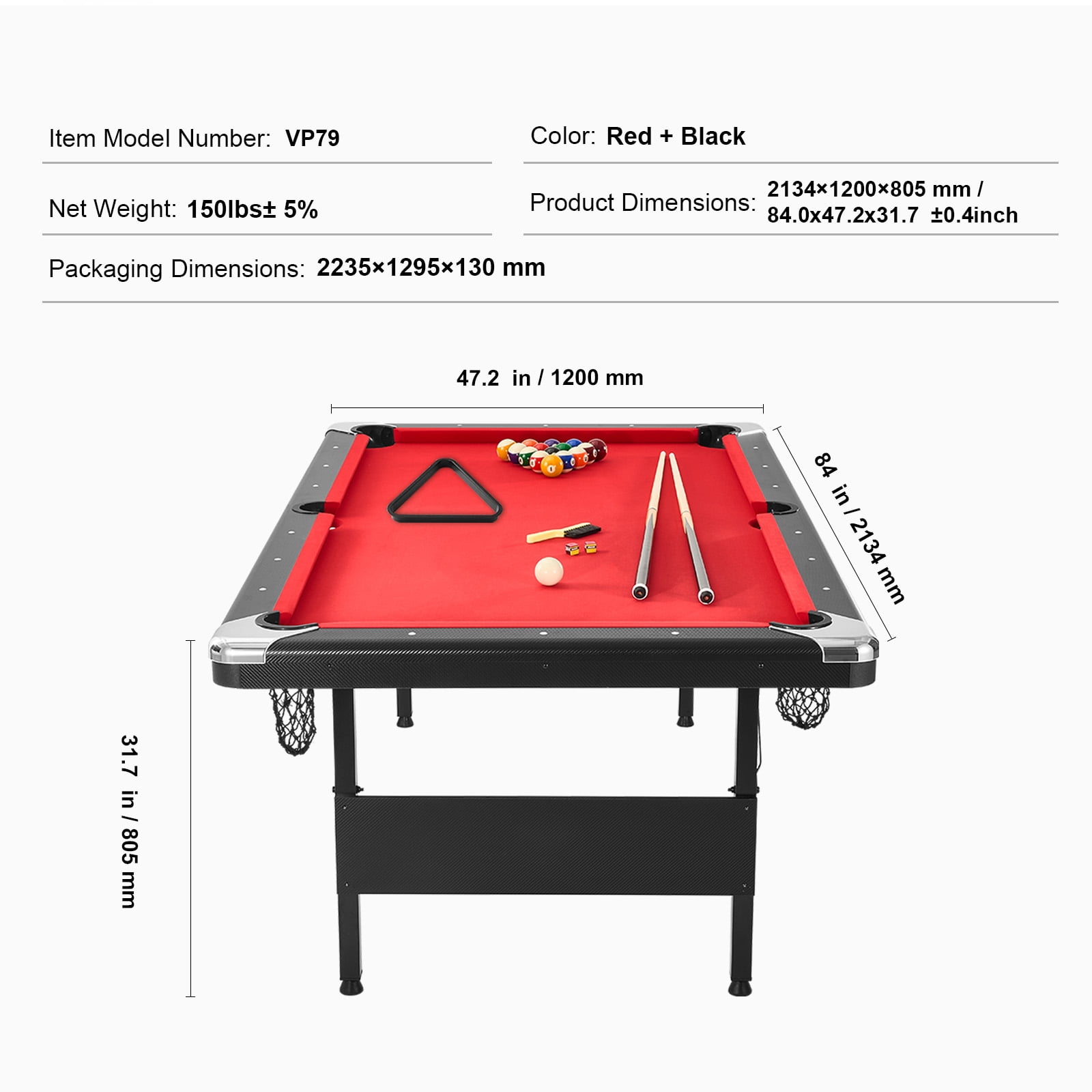 KFFKFF Pool Table, 7-foot, Compact Folding Design, Complete Billiard Set with Balls, Sticks, Chalks, and Brush, Black Frame with Red Felt, Ideal for Home Entertainment for All Ages