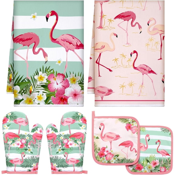 6 Pcs Flamingo Kitchen Towels Pot Holders and Oven Mitts Set Soft Cotton Linen Dish Towel Heat Resistant Oven Mitts for Summer Kitchen Decor Cooking Baking Grilling, Pink