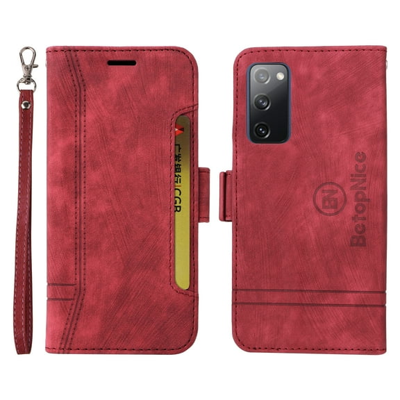 K-Lion Wallet Case for Samsung Galaxy S20 FE/Lite,Shockproof Magnetic Clasp Folio Flip Kickstand ID Credit Card Slots Holder PU Leather Wallet Phone Cover with Wrist Strap,Red