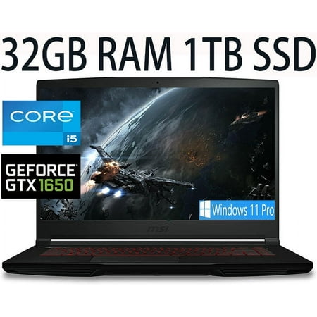 MSI GF63 15 Gaming Laptop, 11th Gen Intel Core i5-11400H 6-Cores, NVIDIA GeForce GTX 1650, 32GB DDR4 1TB PCIe SSD, 15.6" Full HD (1920 x 1080) Display, WiFi, Bluetooth, Webcam, Windows 11 Pro