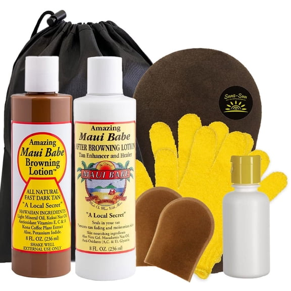 Maui Babe Browning Lotion 8oz & After Browning Lotion 8oz (9 Pc Deluxe Maui Babe Package) with Tanning Mitts, Travel Bottle, Draw String Bag & 2 Exfoliation Gloves
