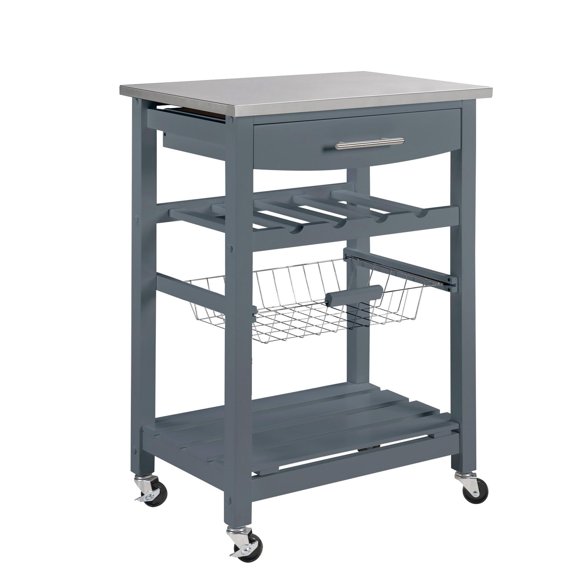Mobile Rolling Kitchen Island Trolley Serving Cart with Underneath Drawer & Slide-Out Wire Storage Basket