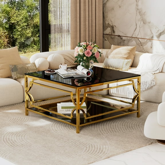 Euroco Square Glass Coffee Table in 33.5",Luxurious Geometric Metal Frame,Gold Finish & Lower Shelf