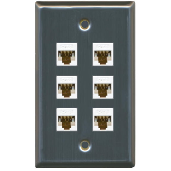 RiteAV - 6 Port Cat6 Ethernet RJ45 Female-Female Wall Plate Stainless Steel