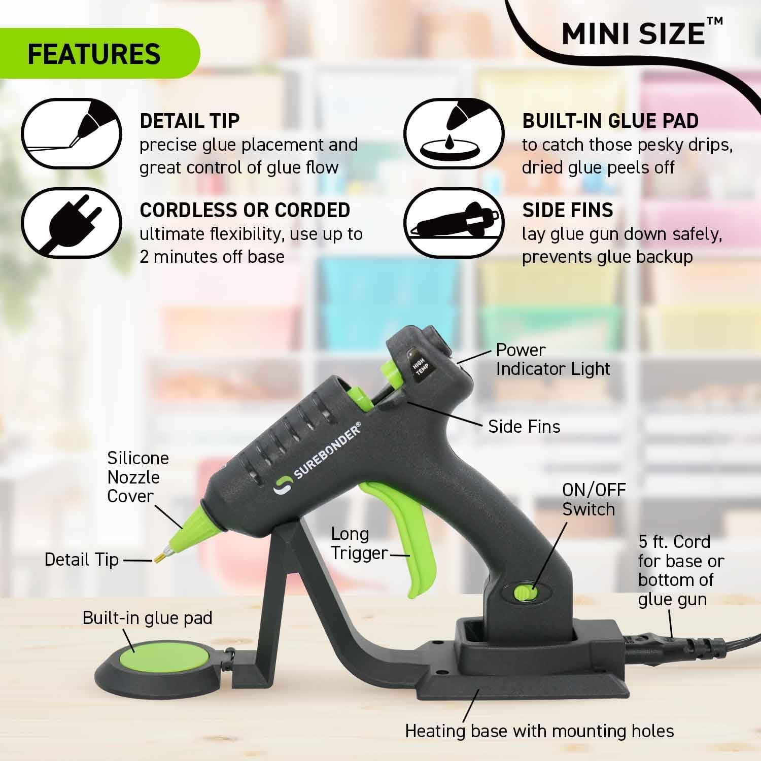 Cordless/Corded High-Temperature Mini Hot Glue Gun with Fine Tip for Detailed Crafting and DIY Projects, 20 Watts (CL-195F)