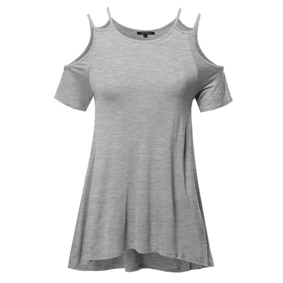 FashionOutfit Women's Solid Soft Stretch Asymmetrical Cold Shoulter Ruffle Sleeve Top