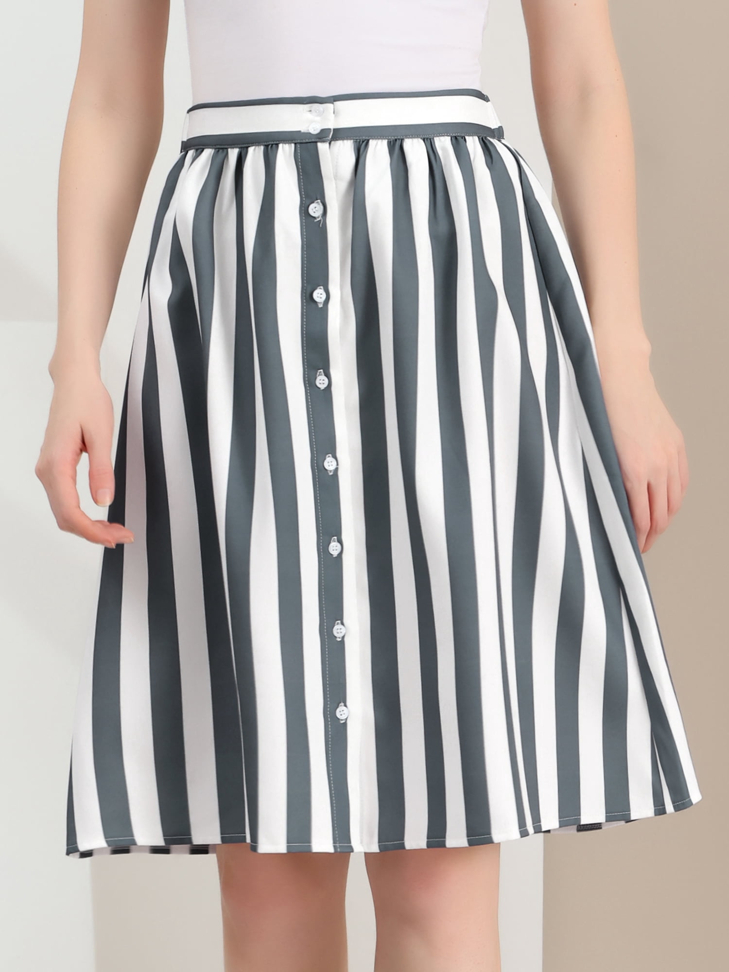 DARING DIVA Women's Striped Button Front Elastic Back Waist A-Line Skirt S Gray