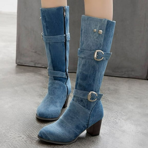 Tejiojio Fall Clearance Women's Warm Square Heel Shoes Casual Long Tube Denim Fashion Boots