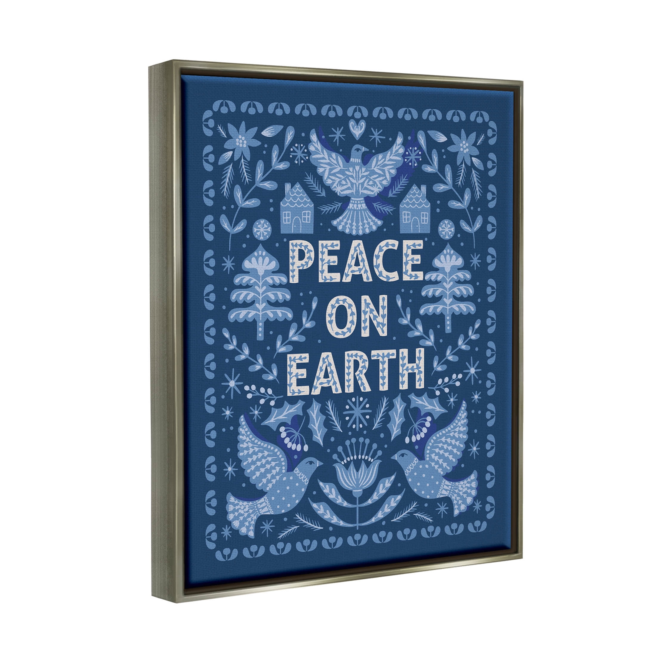 Peace On Earth Blue Doves Holiday Graphic Art Luster Gray Framed Art Print Wall Art