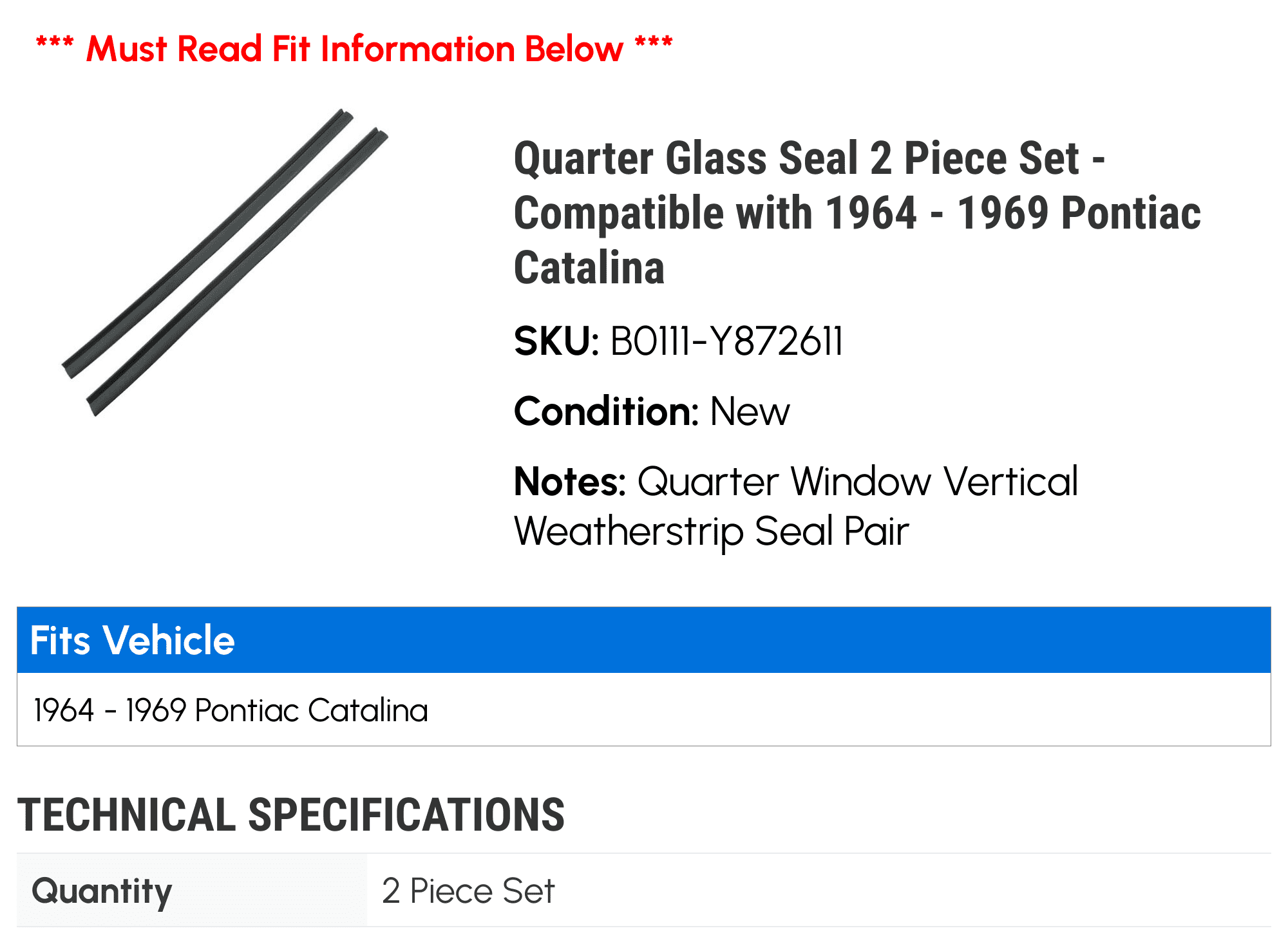 New Quarter Window Seal w/ Steel Core Set Pair For 1964-1970 Buick Oldsmobile