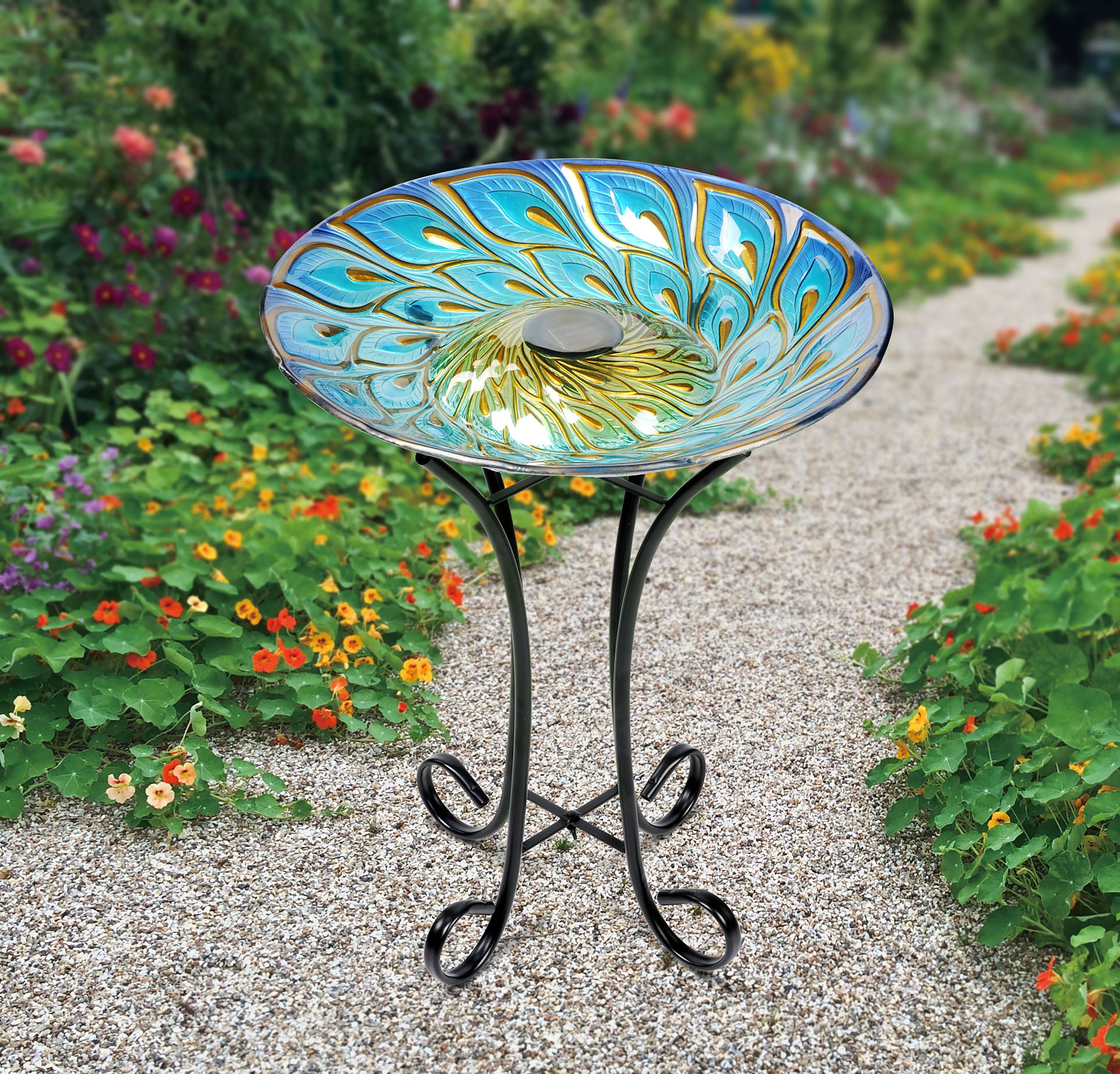 Panacea 82905 16 in Peacock Glass Bird Bath with Stand
