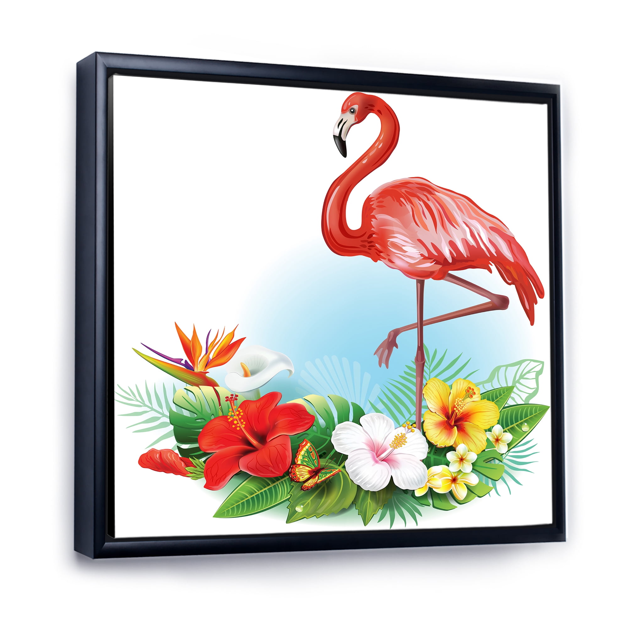 Arrangement with Flamingo and Tropical Flowers 16 in x 16 in Framed Painting Canvas Art Print, by Designart