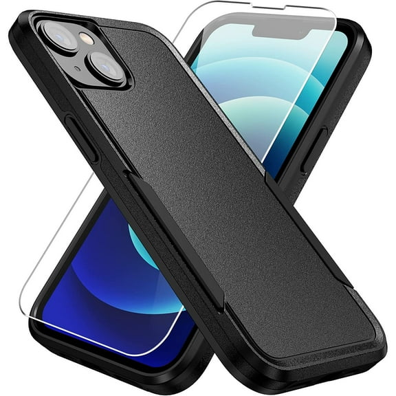 TUFF Hybrid Armor Case and Tempered Glass Screen Protector for iPhone 14 Plus - Black