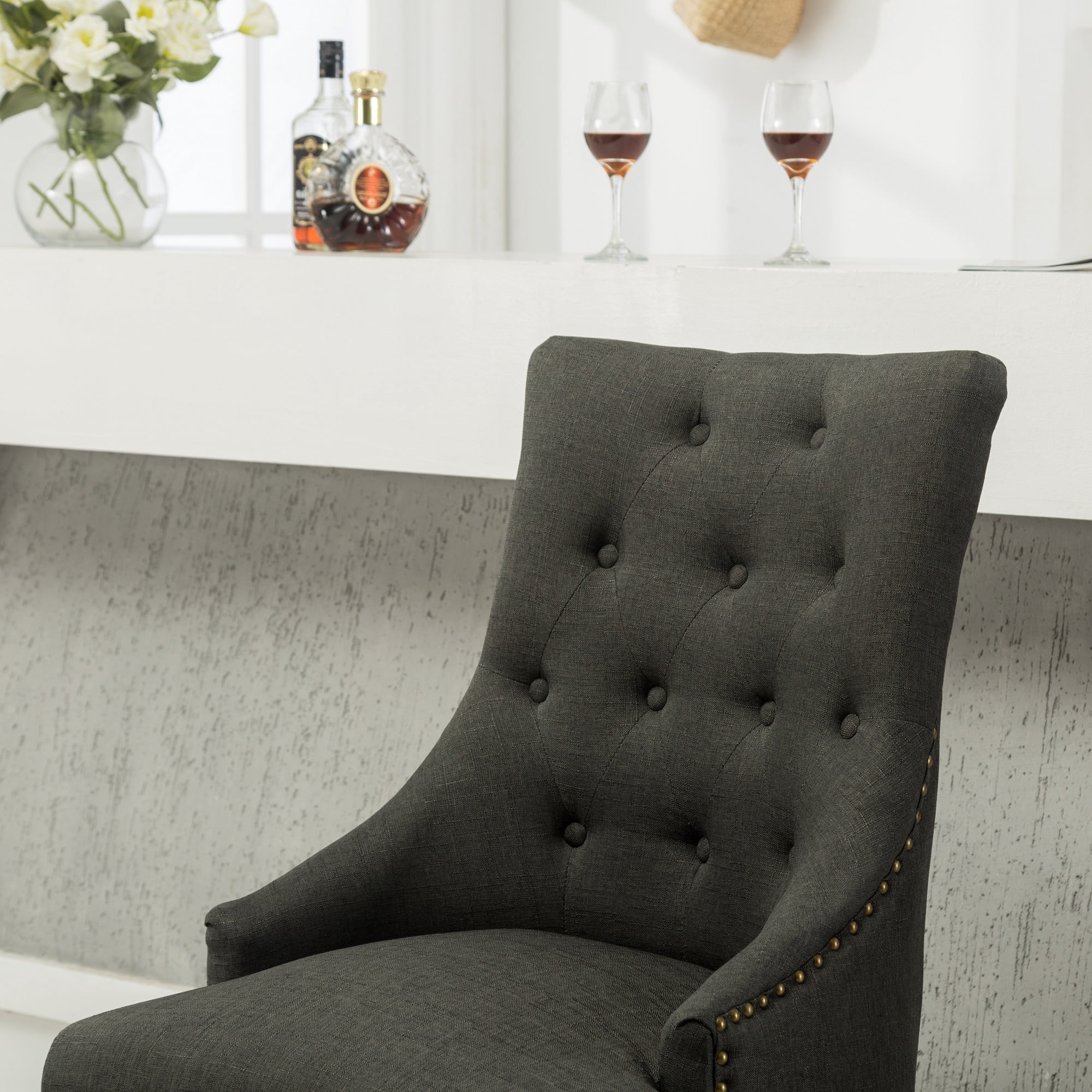 MOONMISS Set of 2 Solid Wood Button Tufted Wing back Chairs with Nail heads Dining Chairs,Charcoal