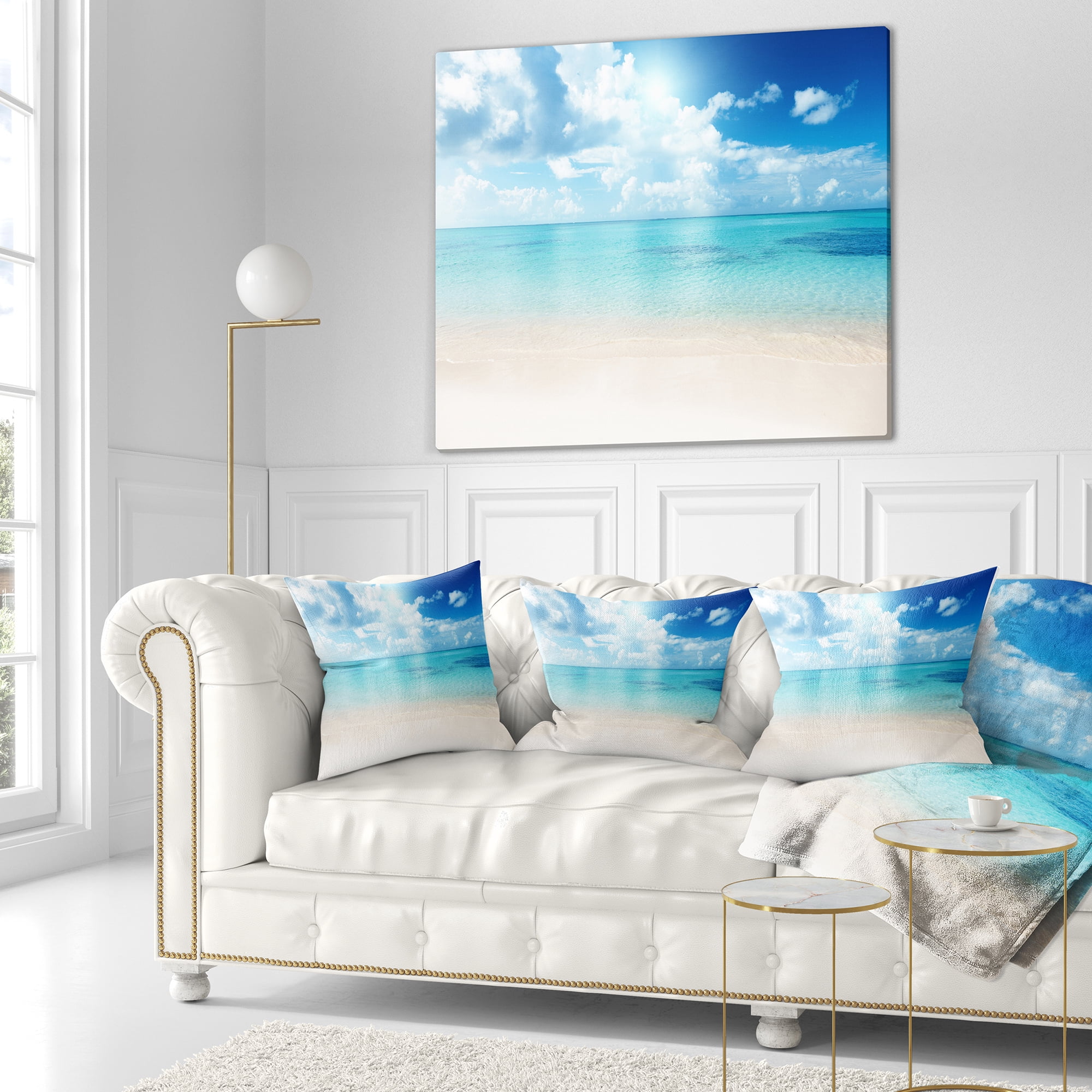 Designart Sand of Beach in Blue Caribbean Sea - Modern Seascape Throw Pillow - 18x18