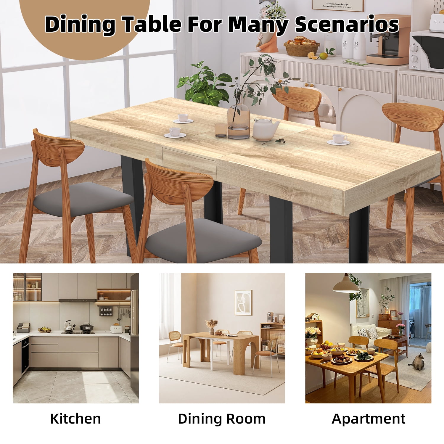Coewske 63'' - 79'' Wooden Extendable Dining Table Modern Rustic Kitchen Expanding Table Natural Oak