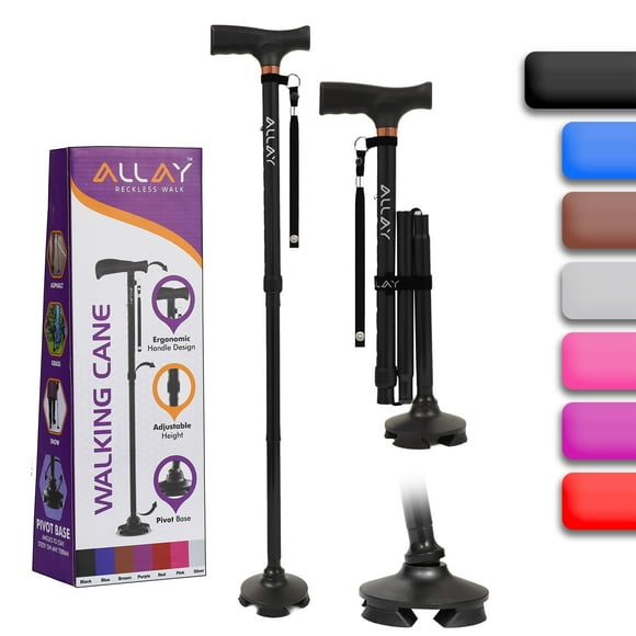 Bastón Allay para hombre y mujer: plegable, ajustable y plegable para personas mayores, con equilibrio, de pie, punta pivotante, resistente, con bolsa de viaje | Bastones para personas mayores - Negro