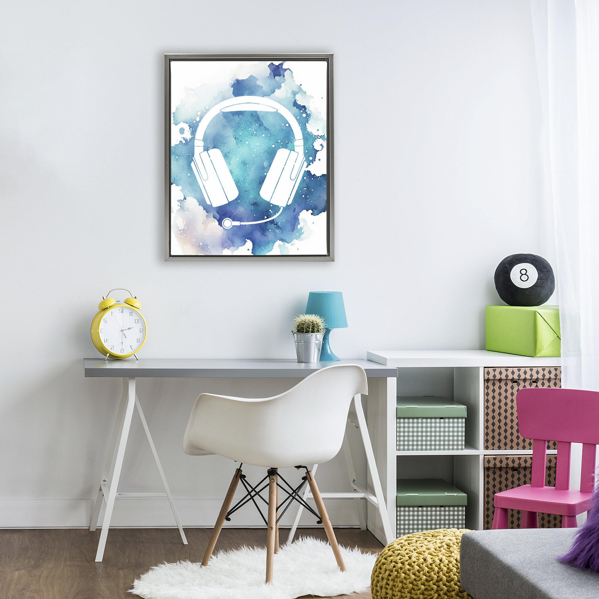 Blue Headphone Splatter Gray Framed Floater Canvas Wall Art, design by Marcus Prime