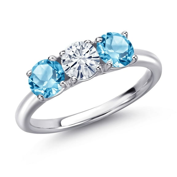 Gem Stone King 925 Sterling Silver White Moissanite and Swiss Blue Topaz Engagement Ring for Women | 1.80 Cttw | Round 5MM | Gemstone Birthstone | Size 5
