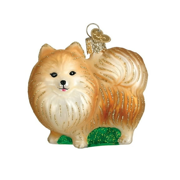 Pomeranian with Green Grass Glass Ornament