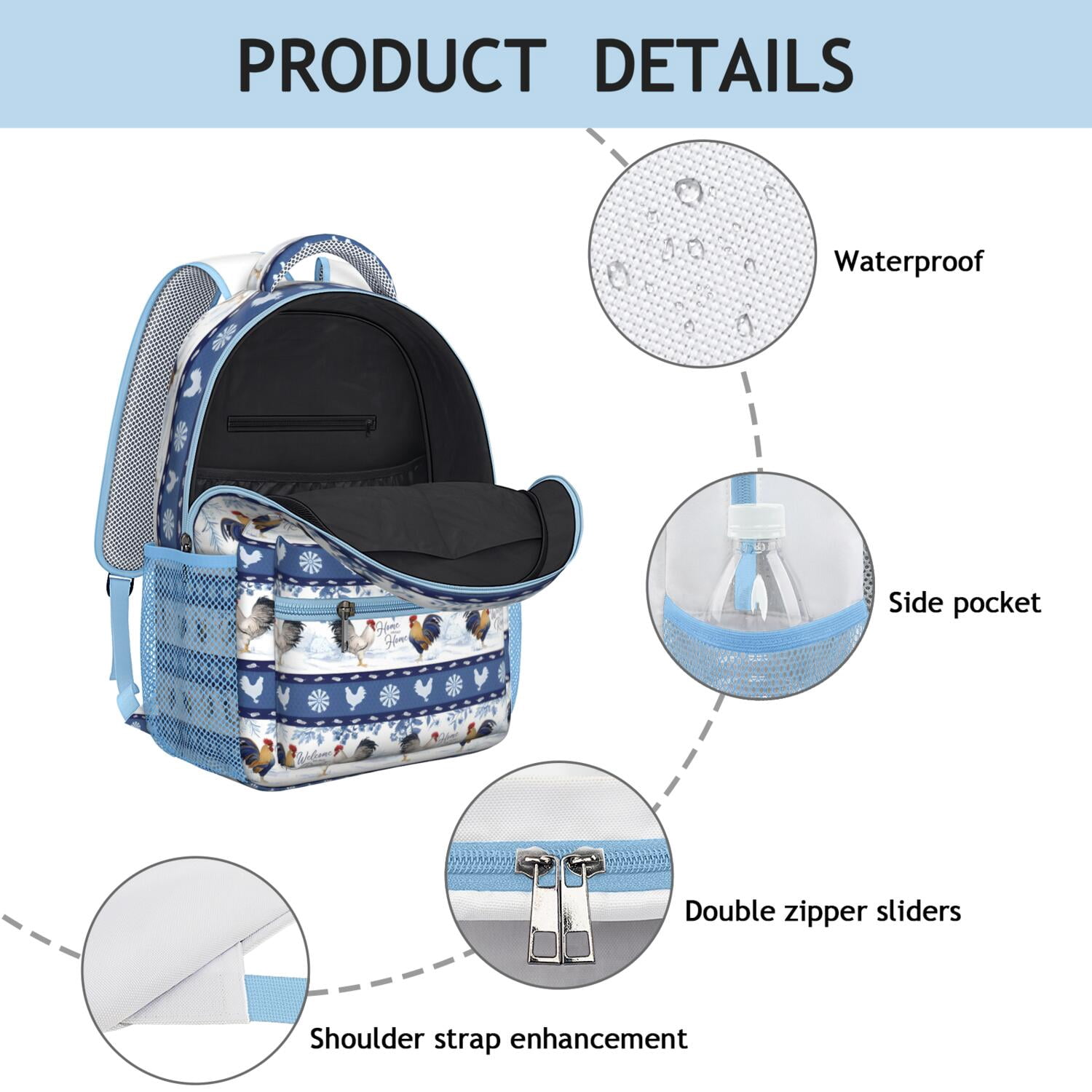Chicken and Clouds Watercolor Print Bookbag - Lightweight Waterproof Backpack for College Students with Spinal Support