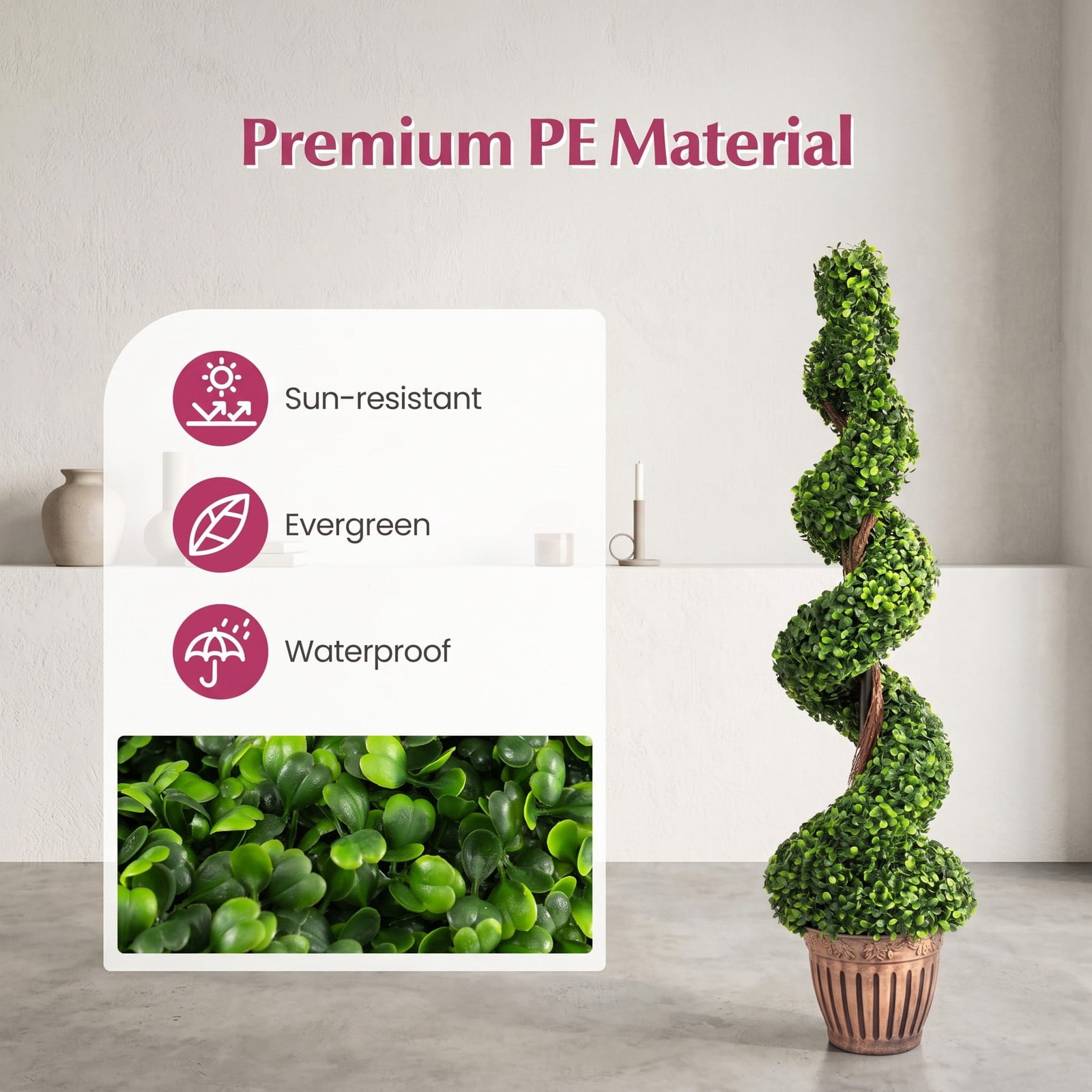 ALPULON 4 Feet Artificial Boxwood Spiral Topiary Tree, 47 Inch Faux Potted Greenery Plant with Cement-Filled Planter for Indoor Outdoor Home Office Porch, Green