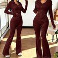 thumbnail image 2 of Womens 2 Piece Outfits Athleisure Sets Ribbed Long Sleeve Zip Up Hoodie and Flare Pants Matching Sets Bodycon Workout Tracksuit Casual Going Out Outfits, 2 of 8