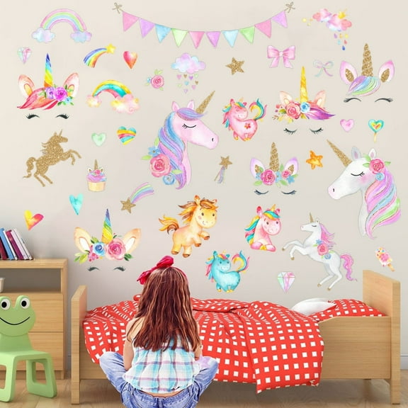 Unicorn Wall Stickers Decals, Unicorn Wall Decor with Heart Flower Birthday Christmas Gifts for Boys Girls Kids Bedroom Decor Nursery Room Home Decor(2 Sheets Unicorn)